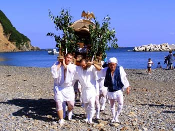 阿部宮内神社祭で神輿を担いだ人々が海からあがり、浜辺を歩く写真