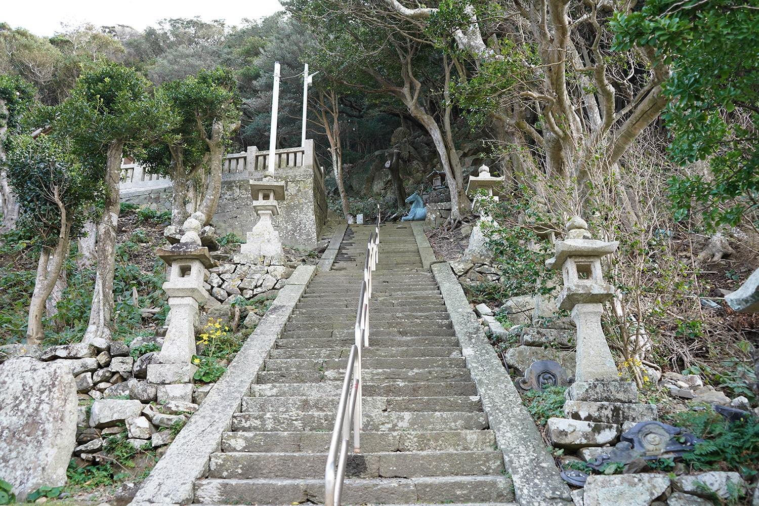 新田八幡神社の石段と二基の石灯籠がある写真